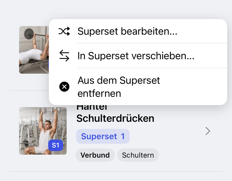 Aktionen zum Bearbeiten, Verschieben und Entfernen von Supersätzen