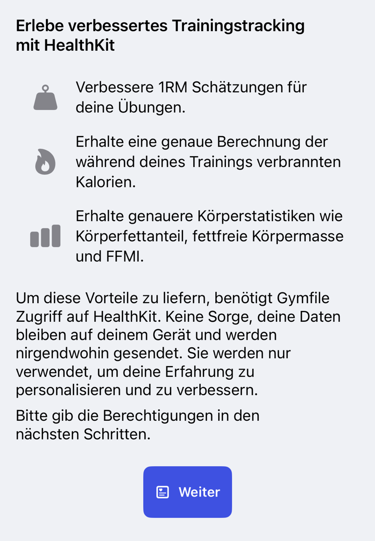 HealthKit-Infobildschirm vor der Abfrage von Berechtigungen
