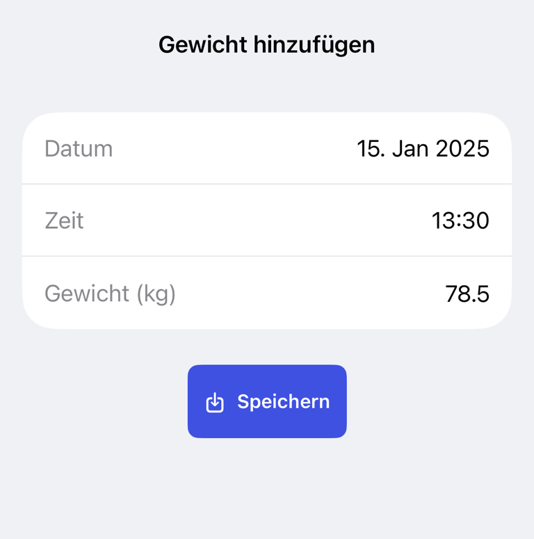 Messdaten mit Datum, Uhrzeit, Wert und „Speichern“ hinzufügen