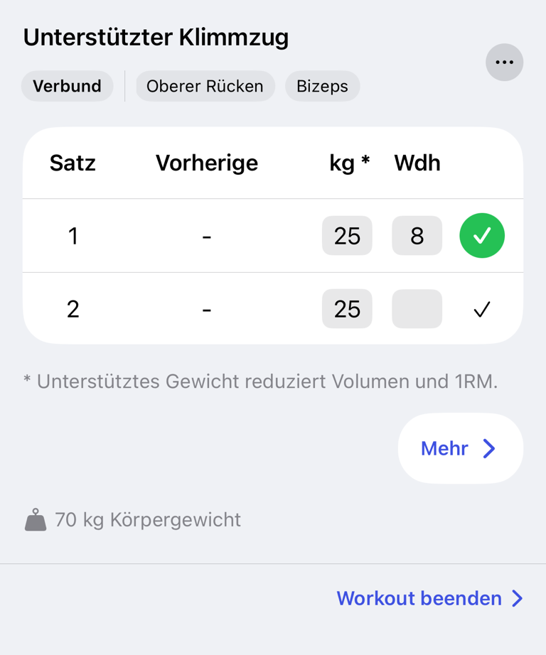 Satz einer unterstützten Übung mit Unterstützungsgewicht und Wiederholungen