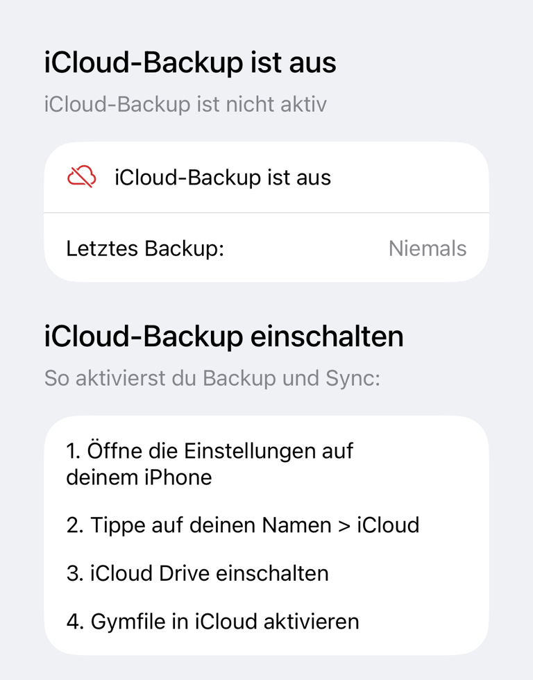 Deaktiviertes iCloud-Backup mit Anweisungen zum Aktivieren
