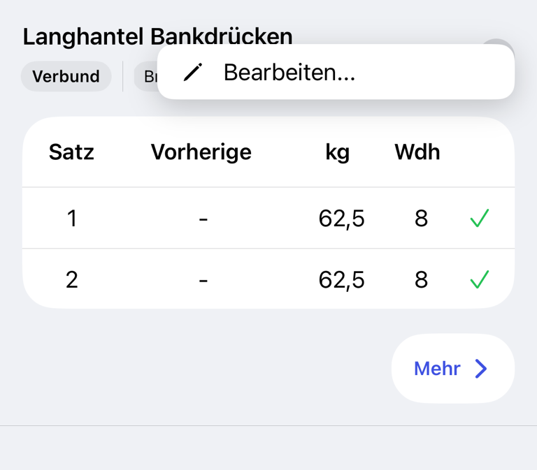 Übung in einem abgeschlossenen Training mit der Aktion Bearbeiten