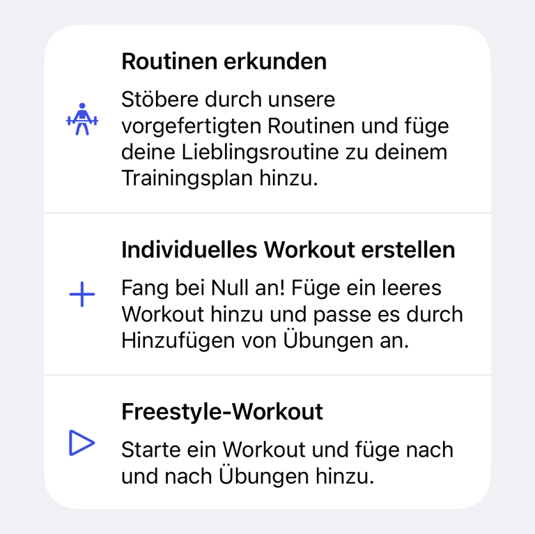 Optionen zum Starten eines Workouts