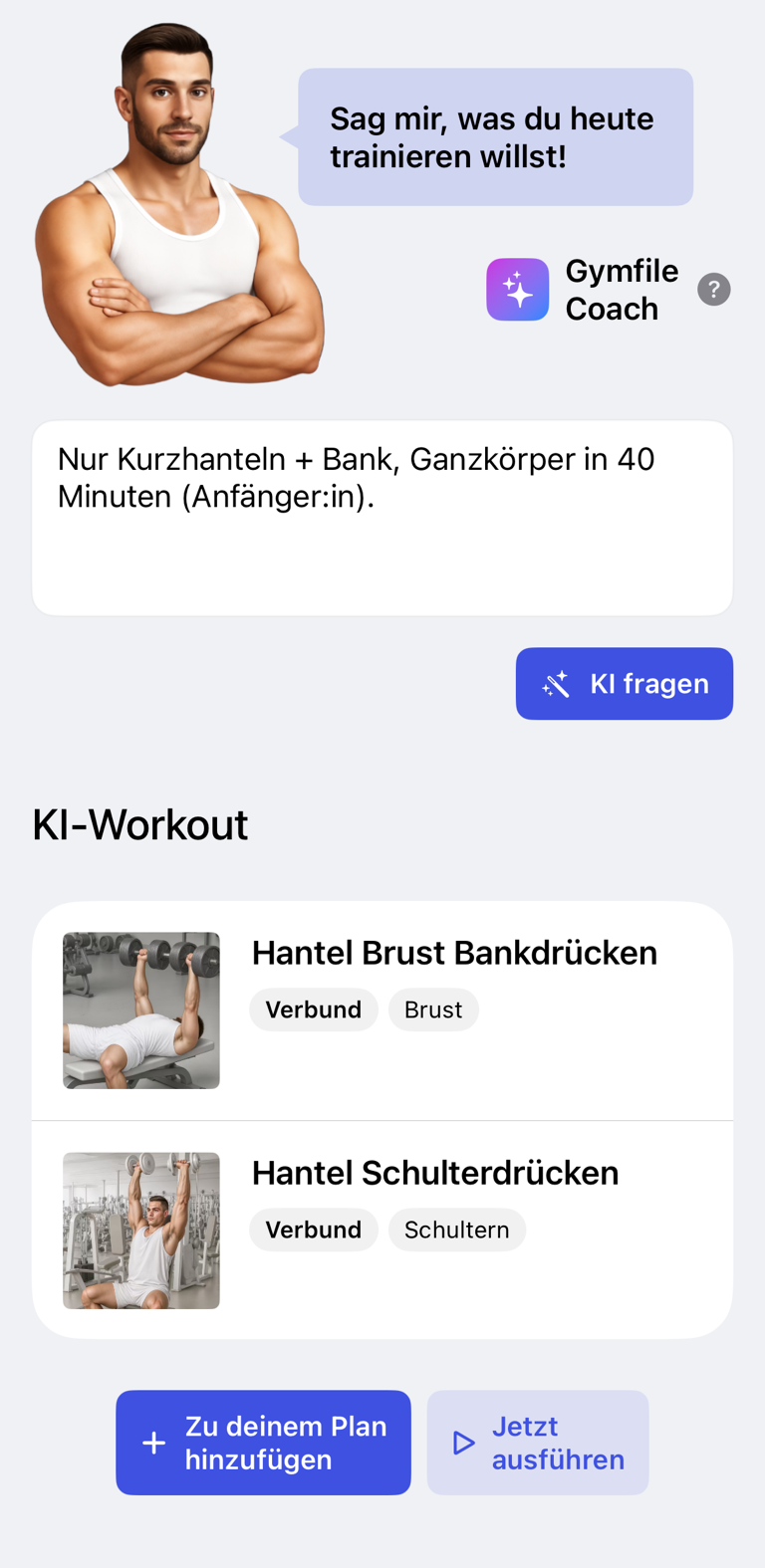 KI-Workout-Eingabe und erstelltes Workout
