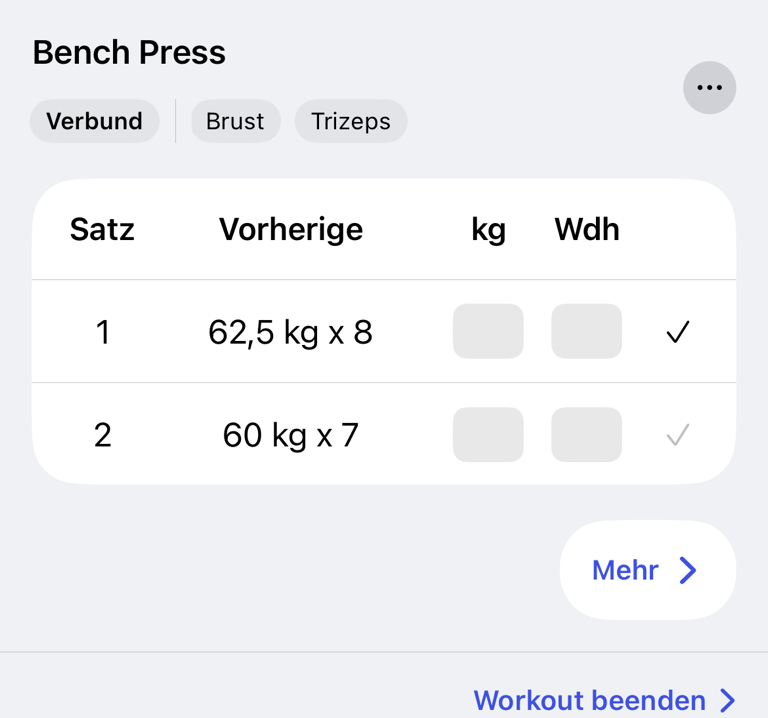 Satzwerte und Werte aus dem vorherigen Workout