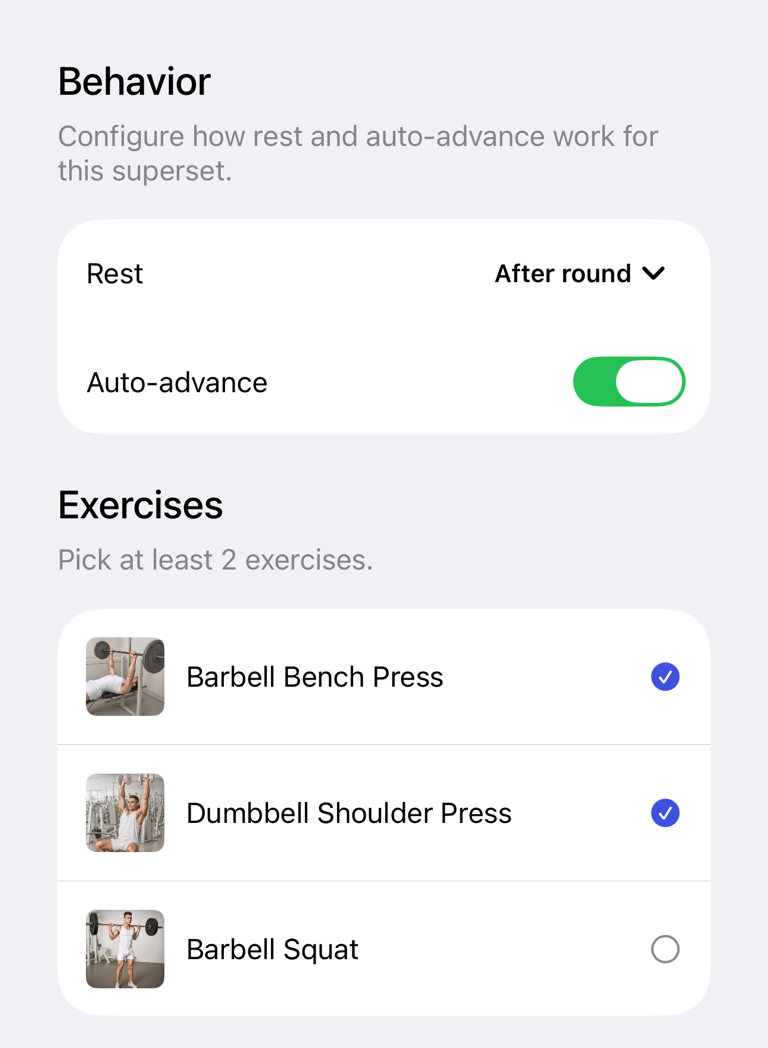 Superset sheet with behavior and exercises