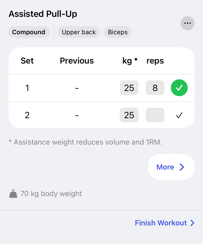 Assisted exercise set with assistance weight and repetitions