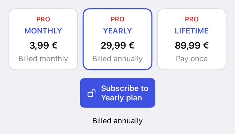 Plan options on the Pro screen