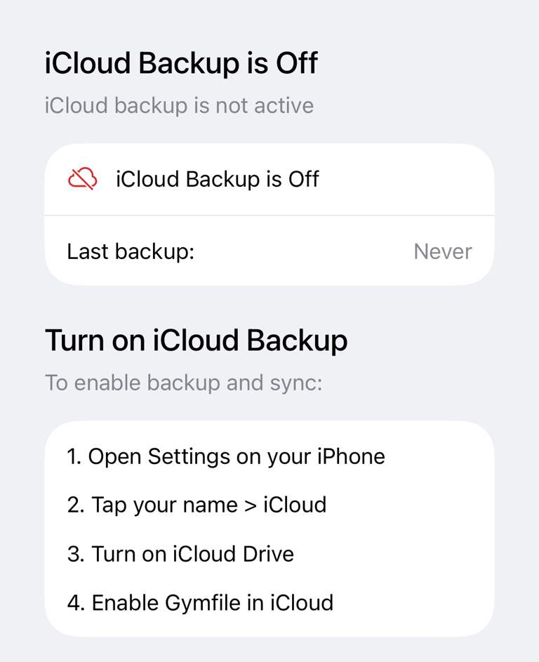 iCloud Backup Off with instructions for enabling it