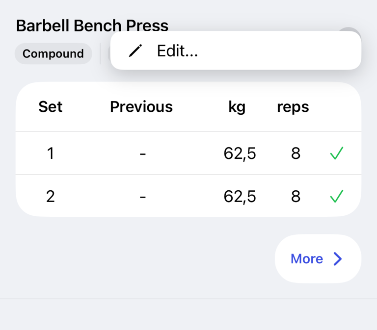 Completed workout exercise with its Edit action