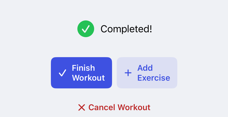 Final workout review with Finish Workout and Cancel Workout actions