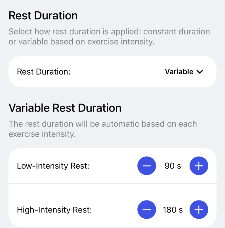 Rest Timer settings with duration configuration