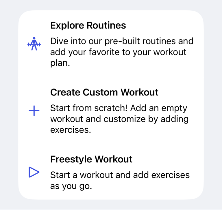 Workout start options