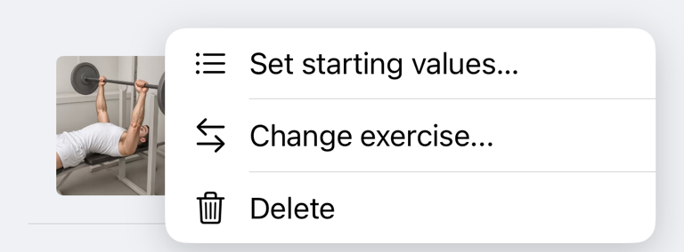 Workout plan exercise menu with Set starting values