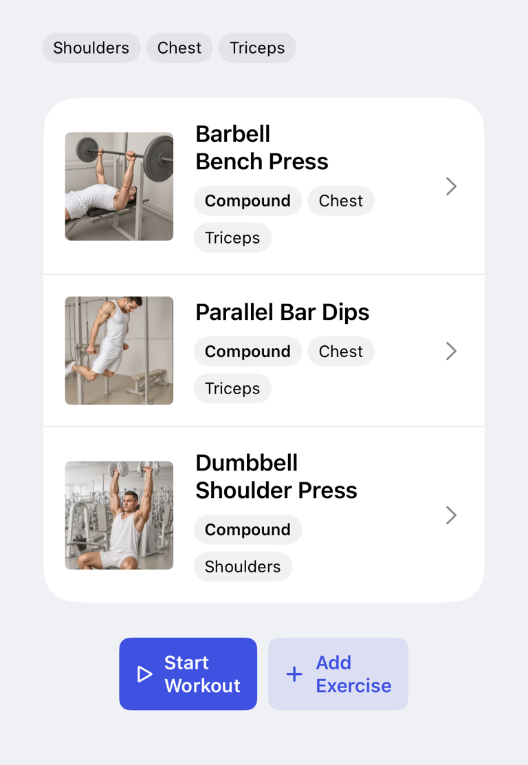 Workout plan with exercise rows