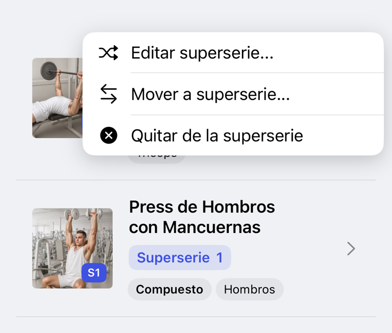 Acciones para editar, mover y quitar una superserie