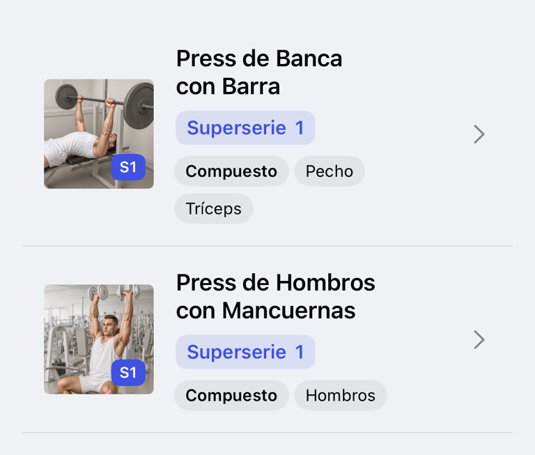 Dos ejercicios agrupados como Superserie 1