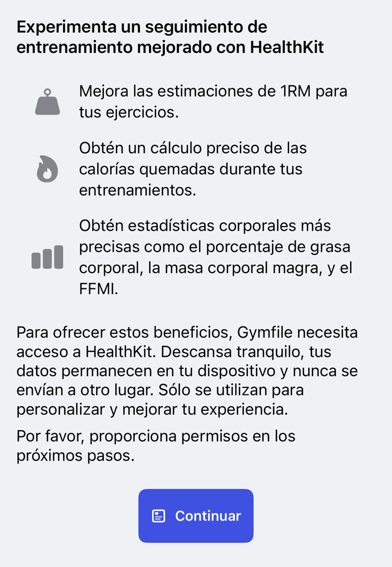 Pantalla de información de HealthKit antes de solicitar permisos