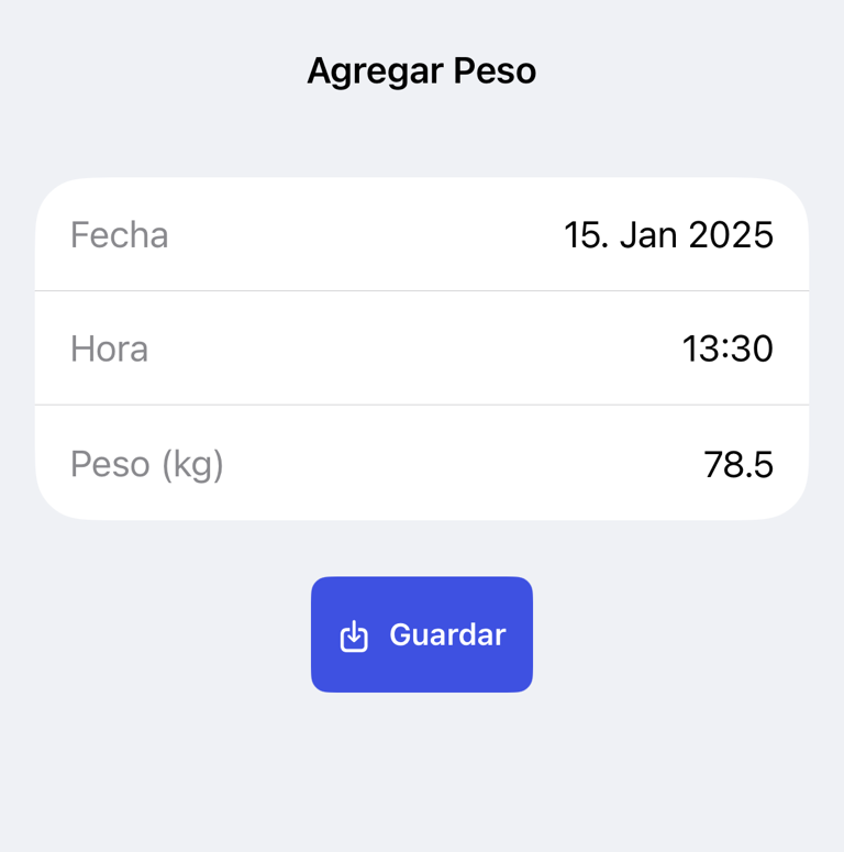 Añade datos de medición con fecha, hora, valor y Guardar