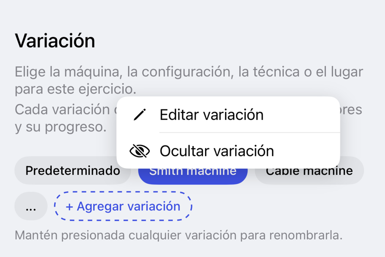 Mantén pulsada una variación para ver las acciones de editar y ocultar
