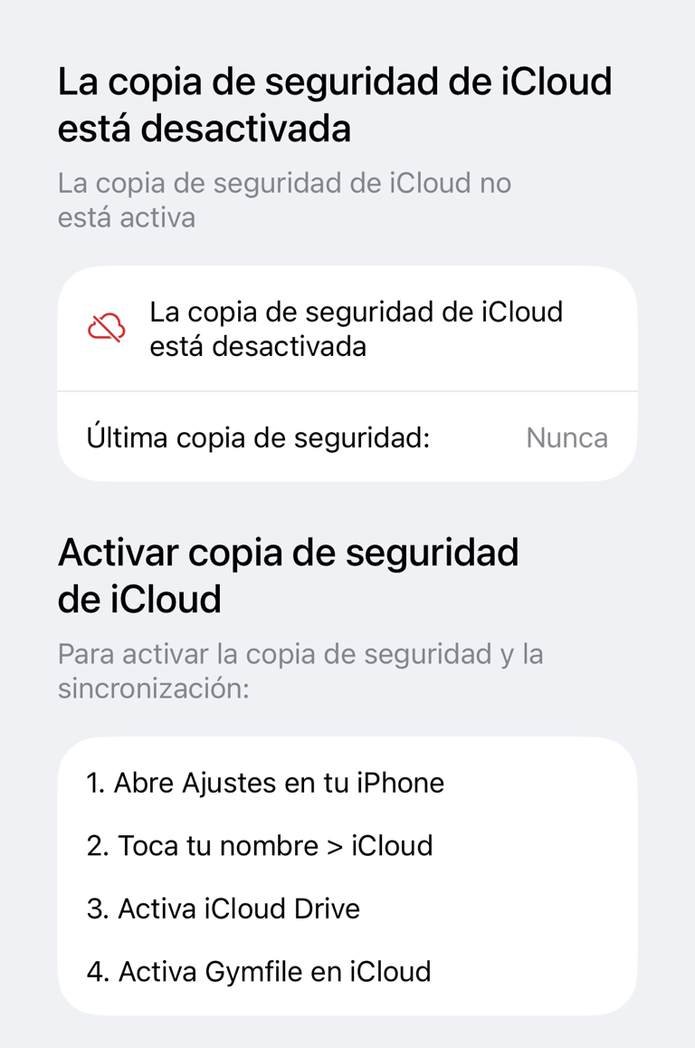 Copia de seguridad de iCloud desactivada con instrucciones para activarla