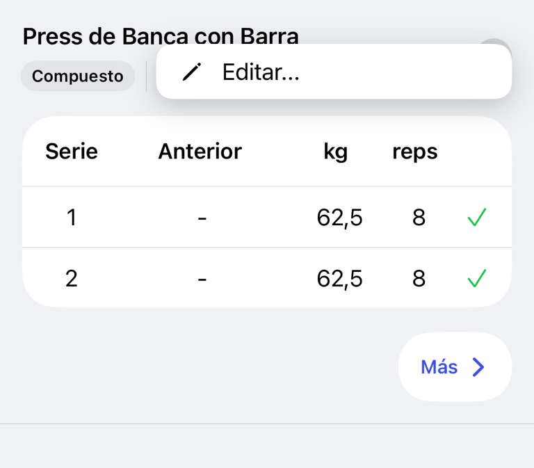 Ejercicio de un entrenamiento completado con la acción Editar