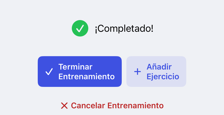 Revisión final del entrenamiento con las acciones Terminar entrenamiento y Cancelar entrenamiento