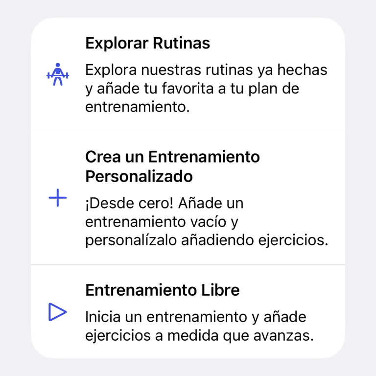 Opciones para iniciar un entrenamiento