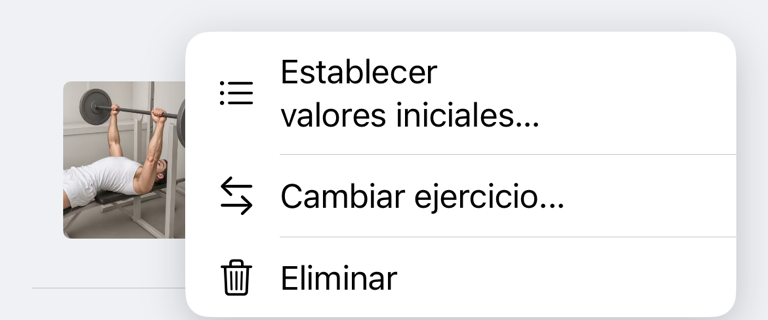 Menú de ejercicio del plan de entrenamiento con Definir valores iniciales