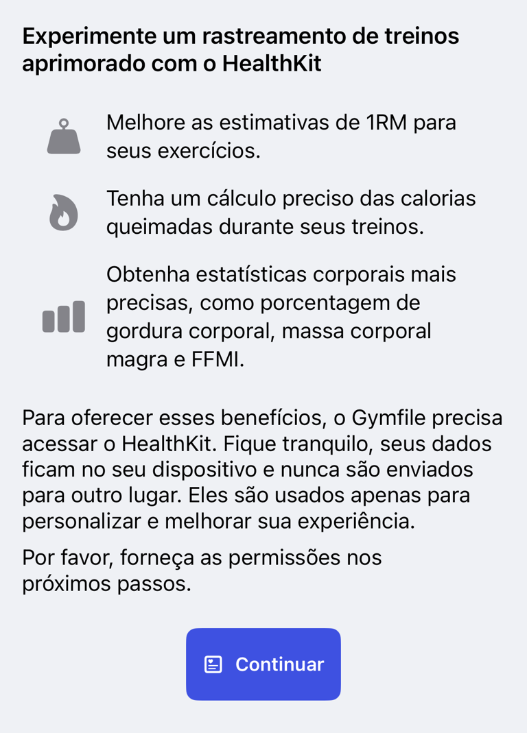 Tela de informações do HealthKit antes de solicitar permissões