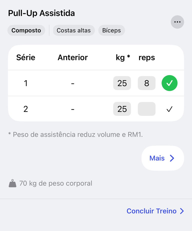 Série de exercício assistido com peso de assistência e repetições