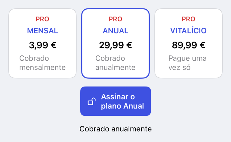 Opções de plano na tela Pro