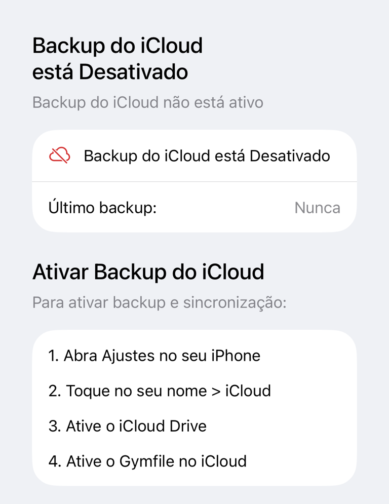 Backup do iCloud desativado com instruções para ativá-lo
