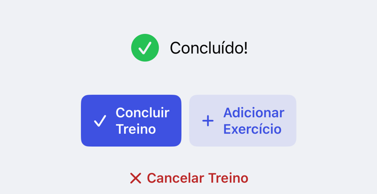 Revisão final do treino com as ações Finalizar treino e Cancelar treino