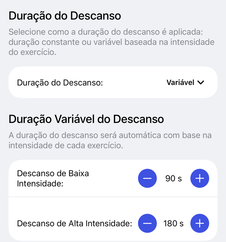Ajustes do temporizador de descanso com configuração de duração