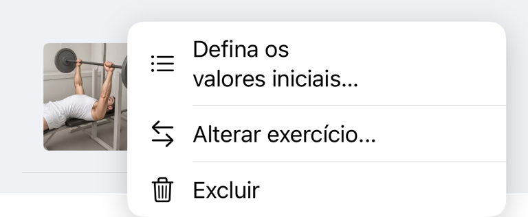 Menu de exercício do plano de treino com Definir valores iniciais