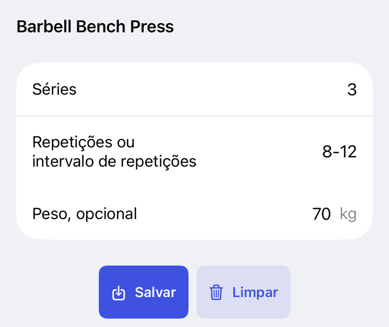 Valores iniciais para um exercício da rotina